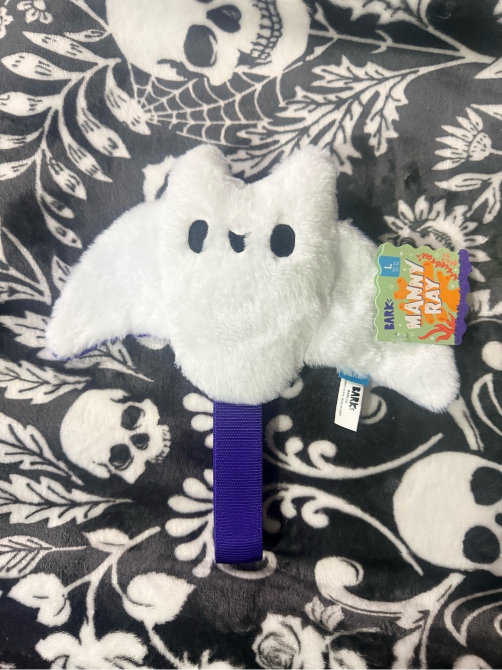 BARK White Ghost Plush Tug Toy with Purple Handle